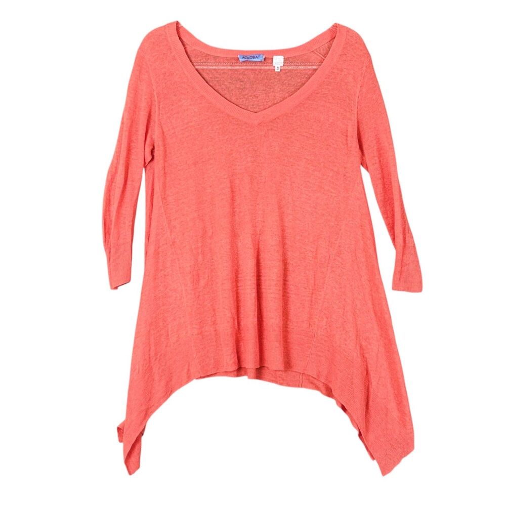 Acrobat Top Lagenlook 100% Linen V Neck Pullover Asymmetric Hem Coral Sz S
